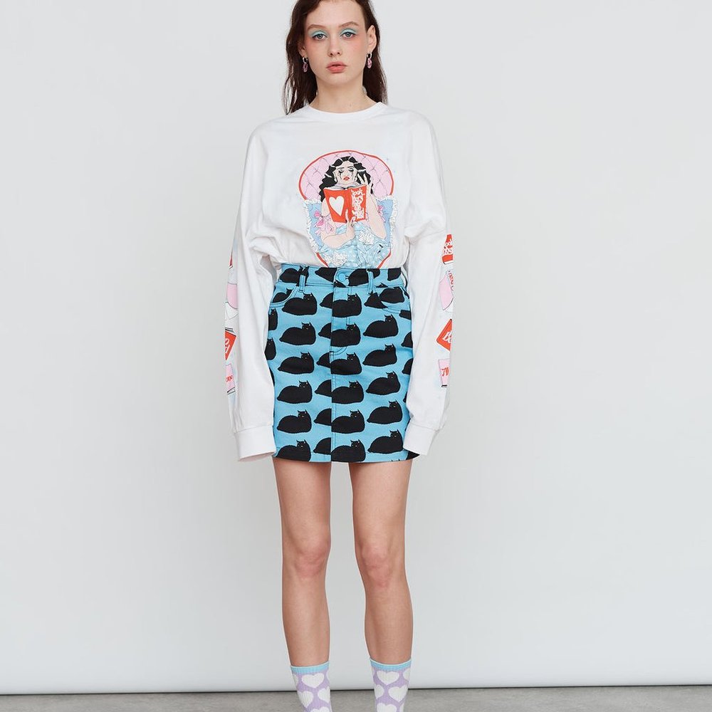 Lazy Oaf x Laura Callaghan Midnight Mog Mini Skirt: Black Cats on Blue